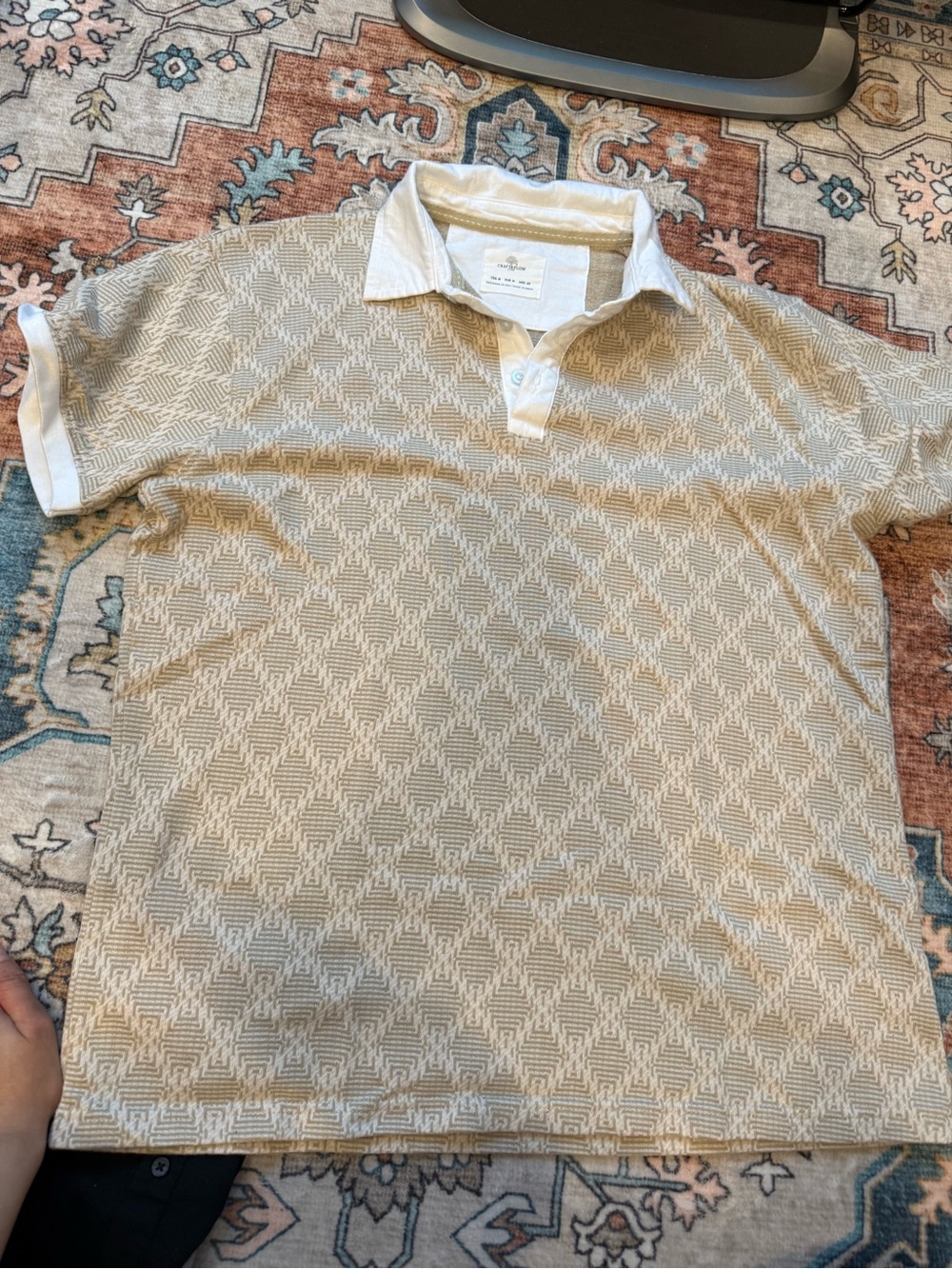 Men's Beige Patterned Polo with White Contrast Collar